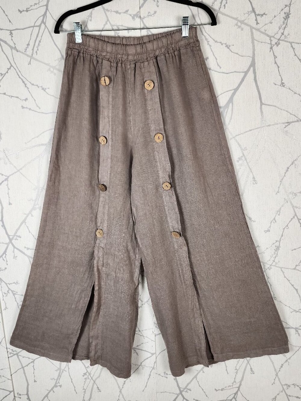 Vianova Italy Beige Taupe 100% Linen Button Slit Wide Leg Pants